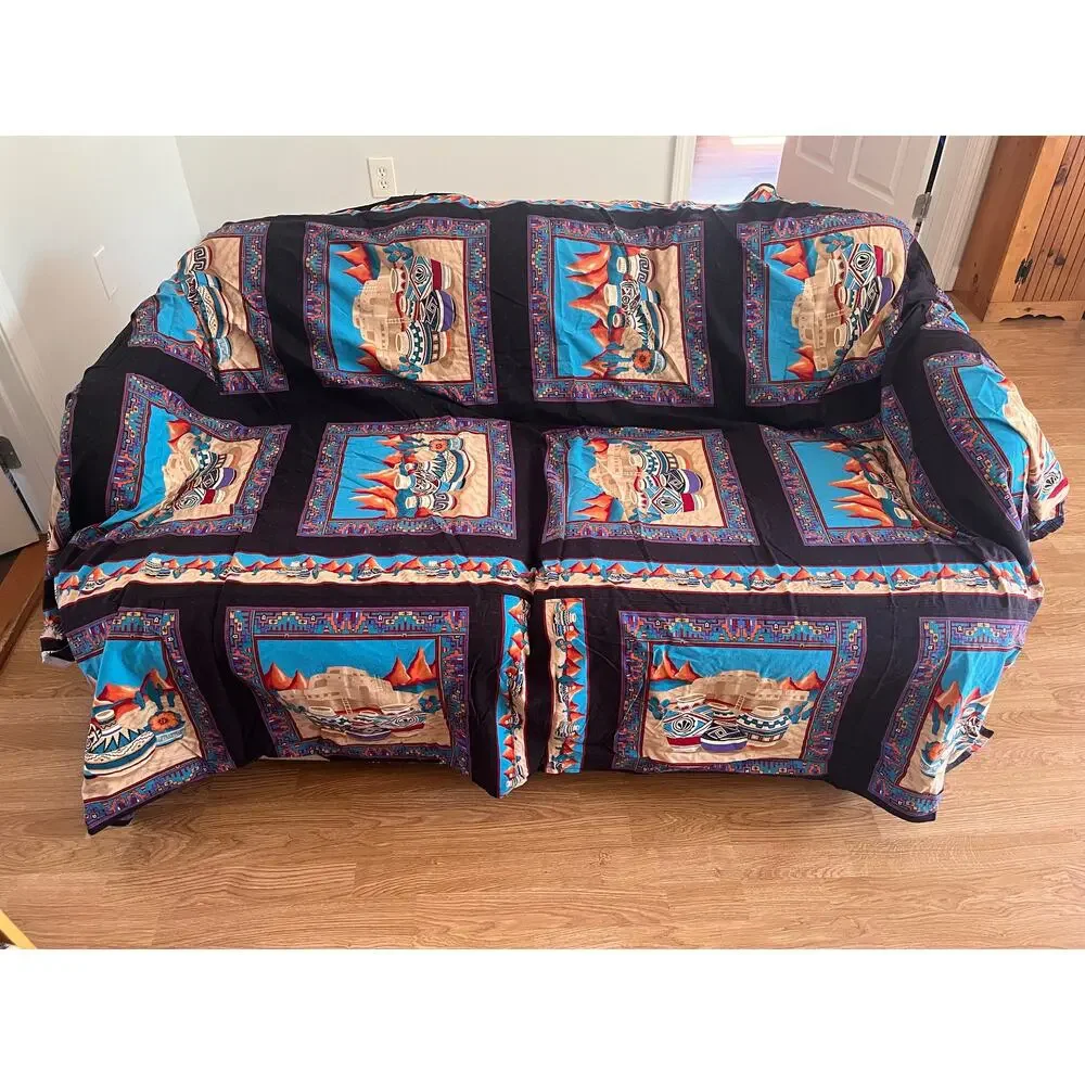 Vintage Cranston Print Works Aztec Southwestern Love Seat Slip Cover & Pillow